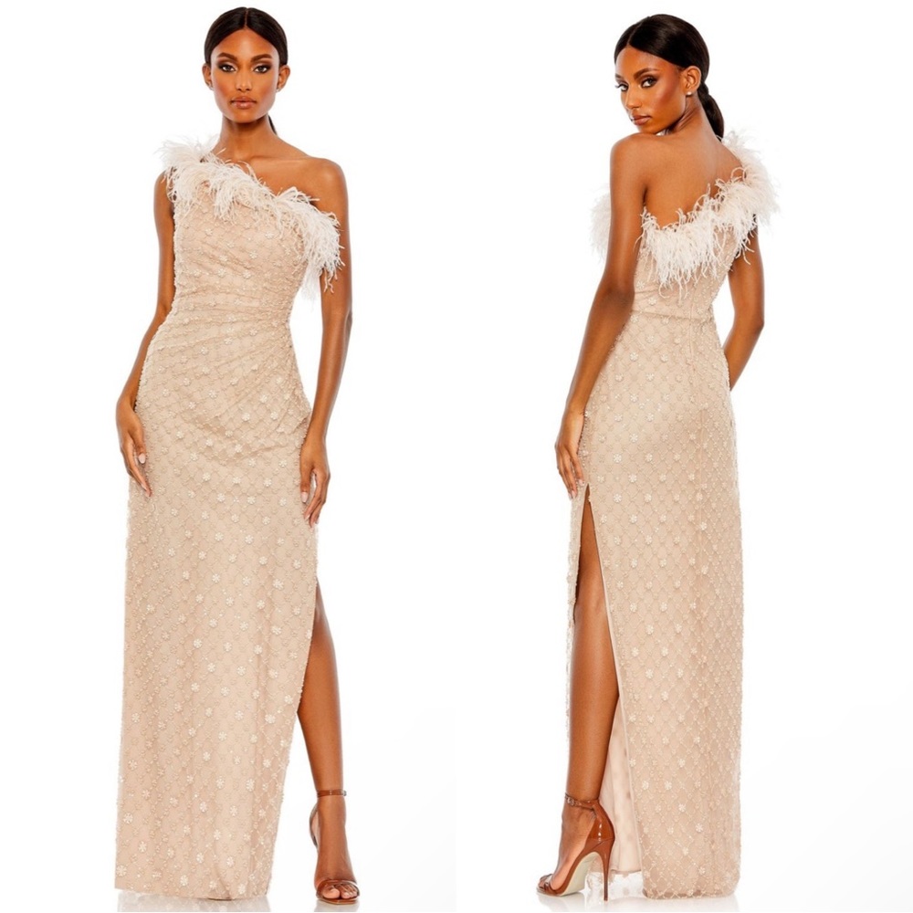 Mac Duggal 68139 One Shoulder Feather Side Slit Dress Size 16 NWT Rose